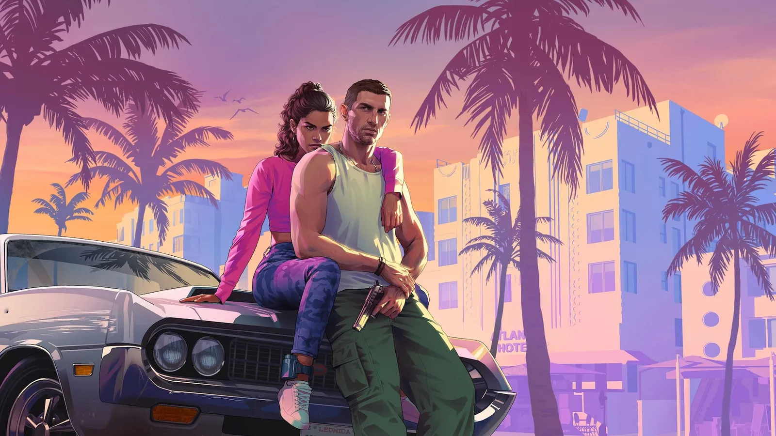 Lucia y Jason, protagonistas de GTA VI, junto a un coche en Vice City