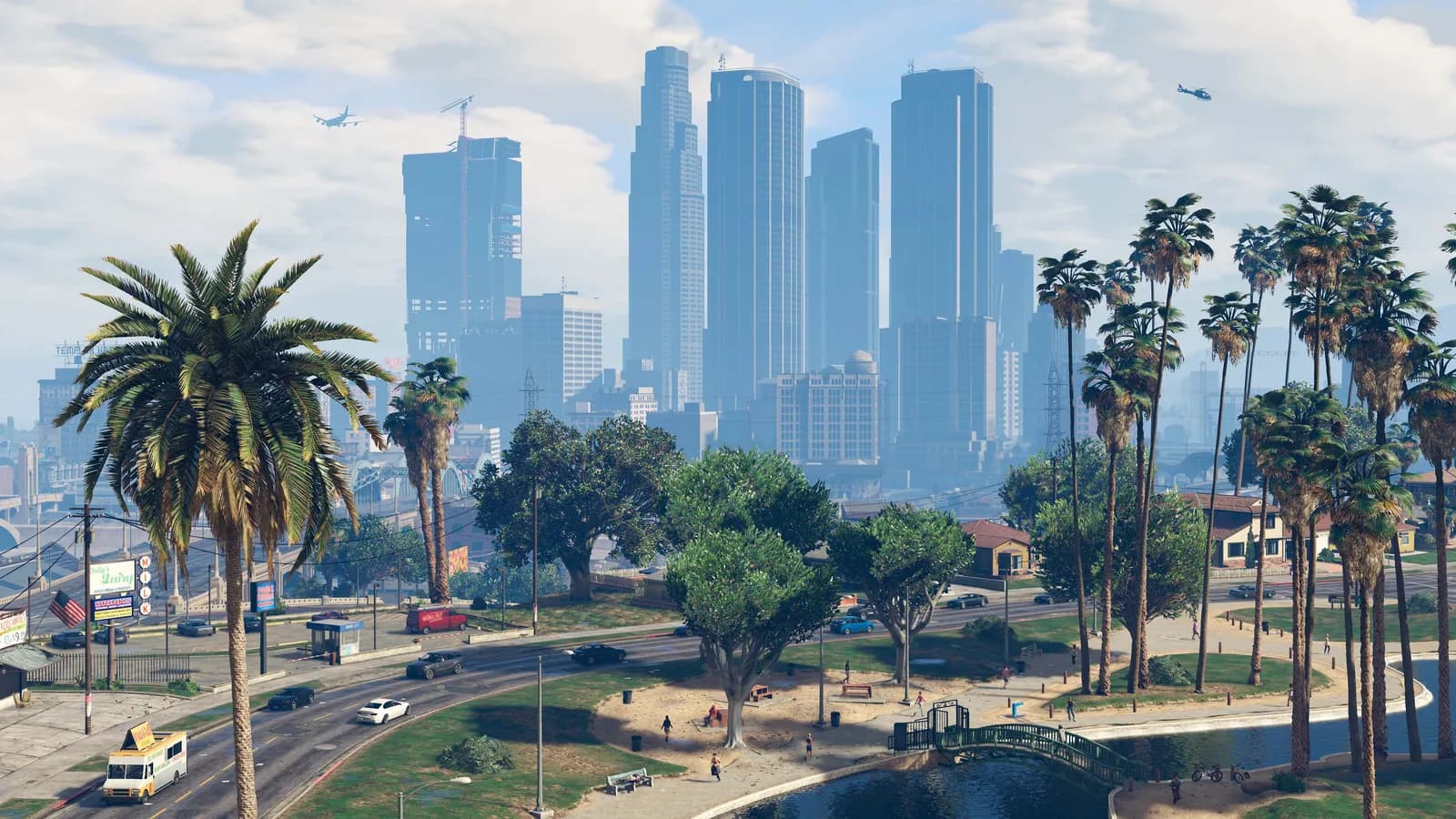 Panorámica de Los Santos con sus rascacielos y palmeras en GTA V
