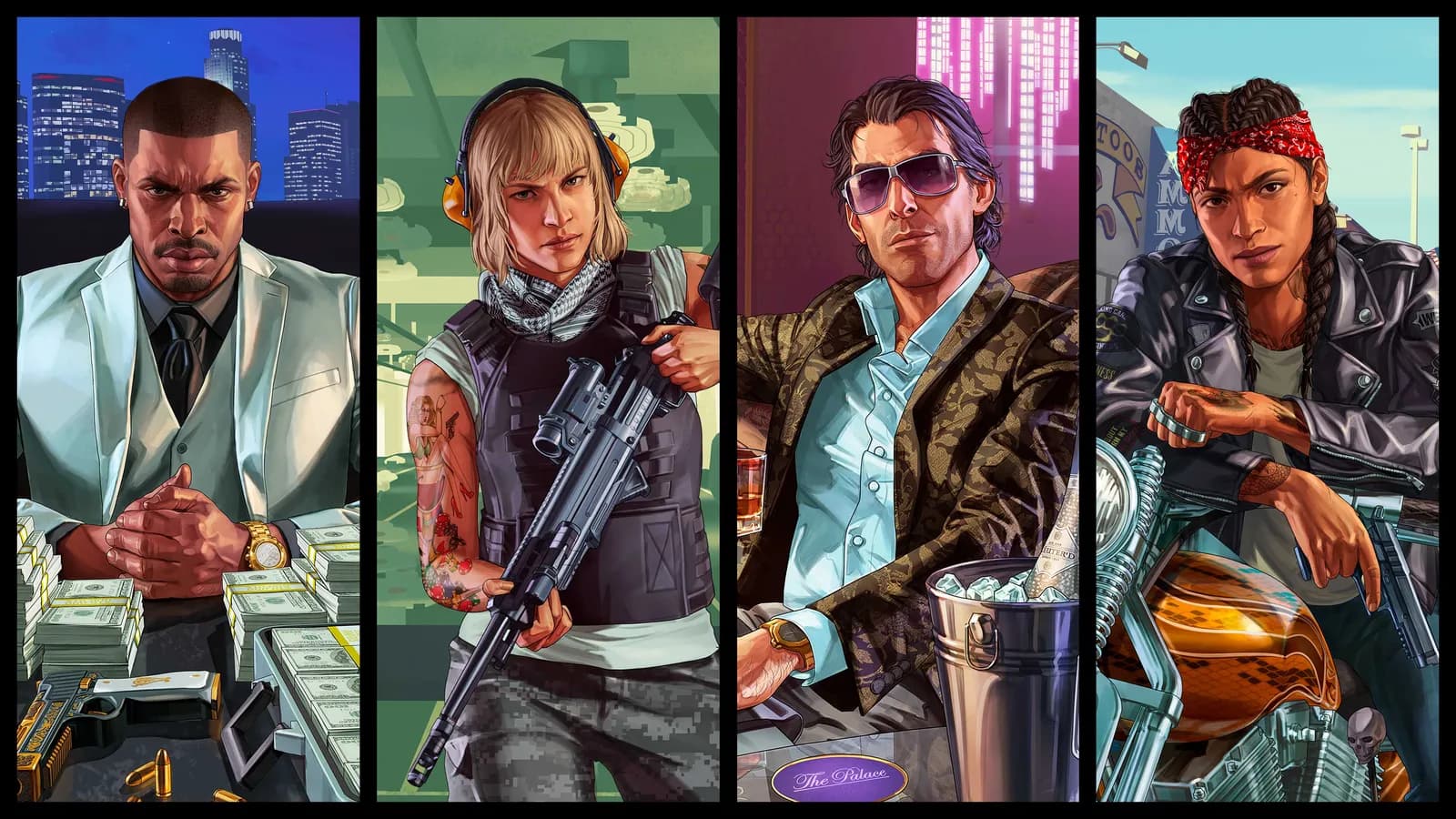 Personajes de GTA Online en una ilustración oficial de Rockstar Games